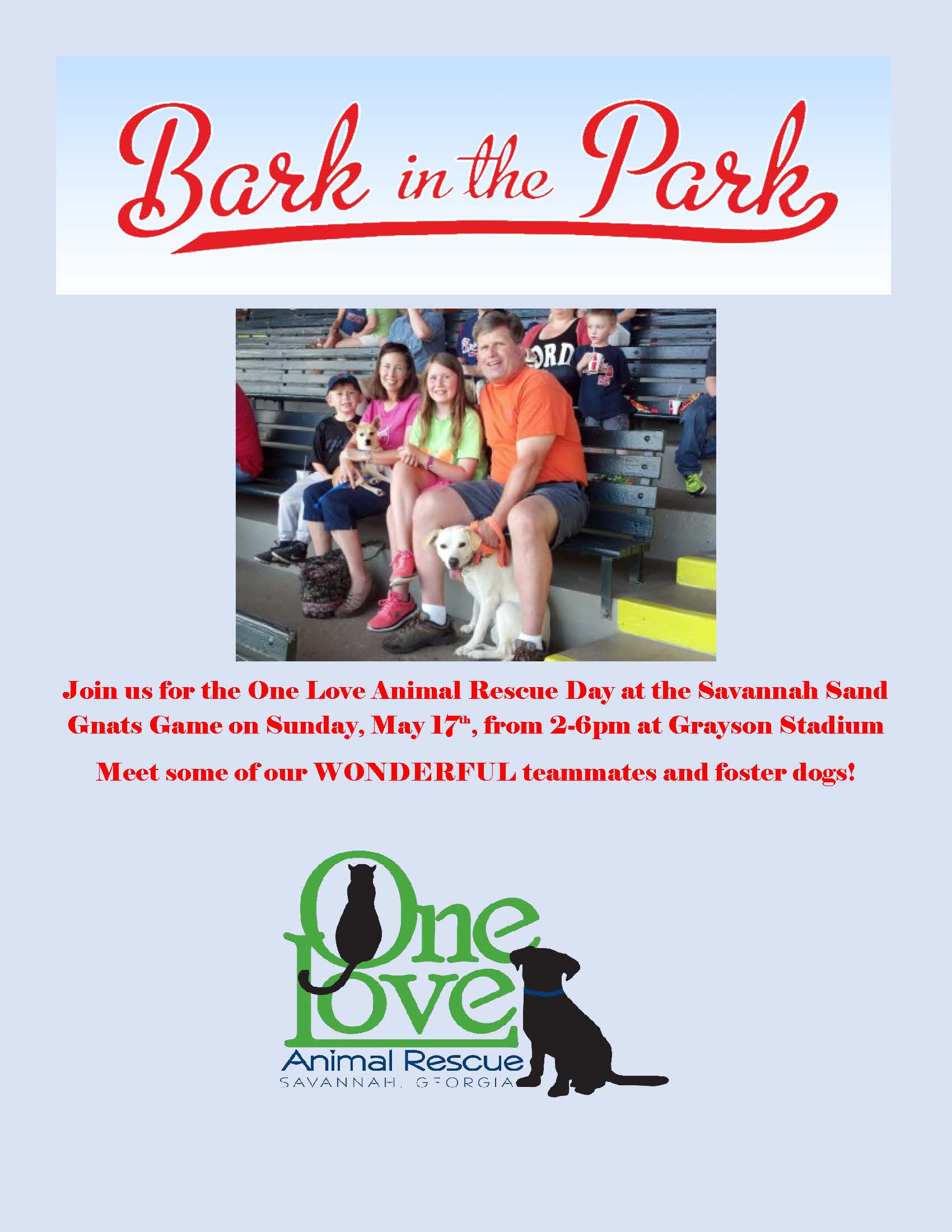 BARK IN THE PARK – SAND GNATS AND ONE LOVE ANIMAL RESCUE – MAY 17TH